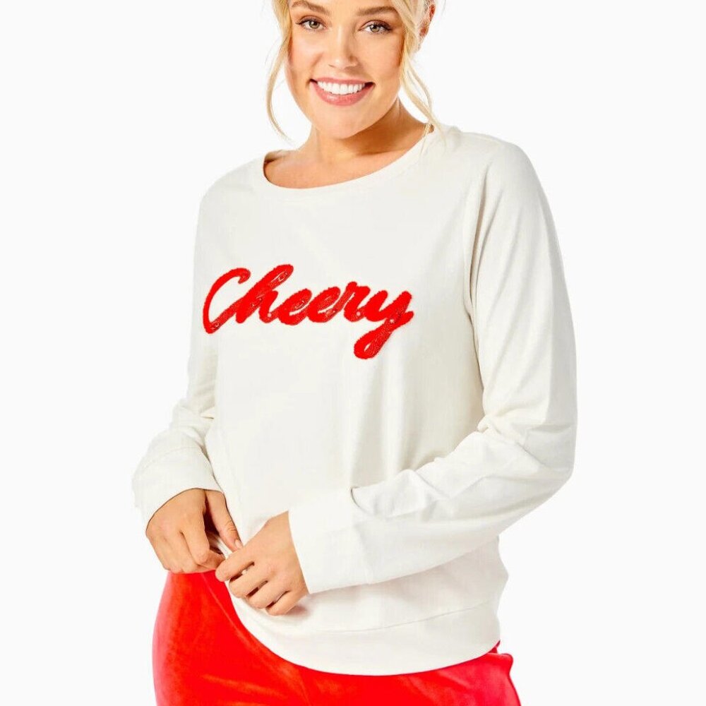 Lilly Pulitzer Rami Sweatshirt Top Cherry Graphic Pullover Beaded Ivory S 267568